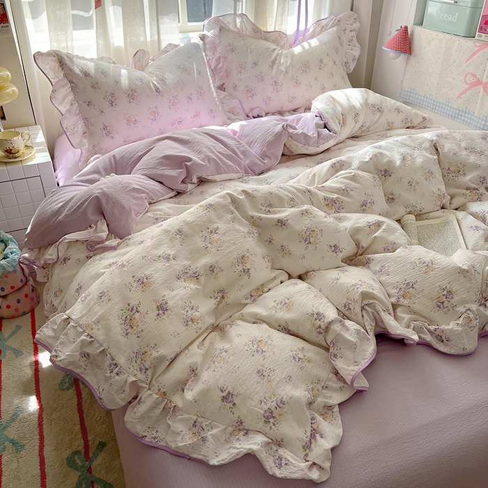 91家纺网 家纺一手货源 找家纺 春光里 2025新款亲肤舒适木棉皱皱纱花边四件套 紫风铃