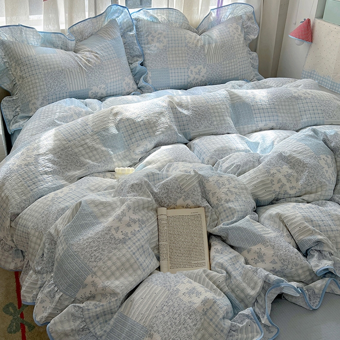 春光里 2025新款亲肤舒适木棉皱皱纱花边四件套 百福蓝