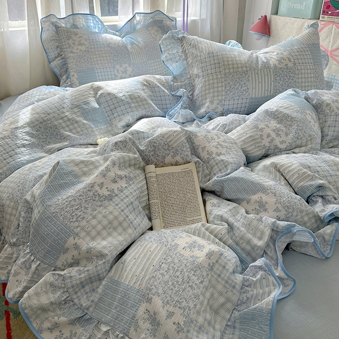 91家纺网 家纺一手货源 找家纺 春光里 2025新款亲肤舒适木棉皱皱纱花边四件套 百福蓝