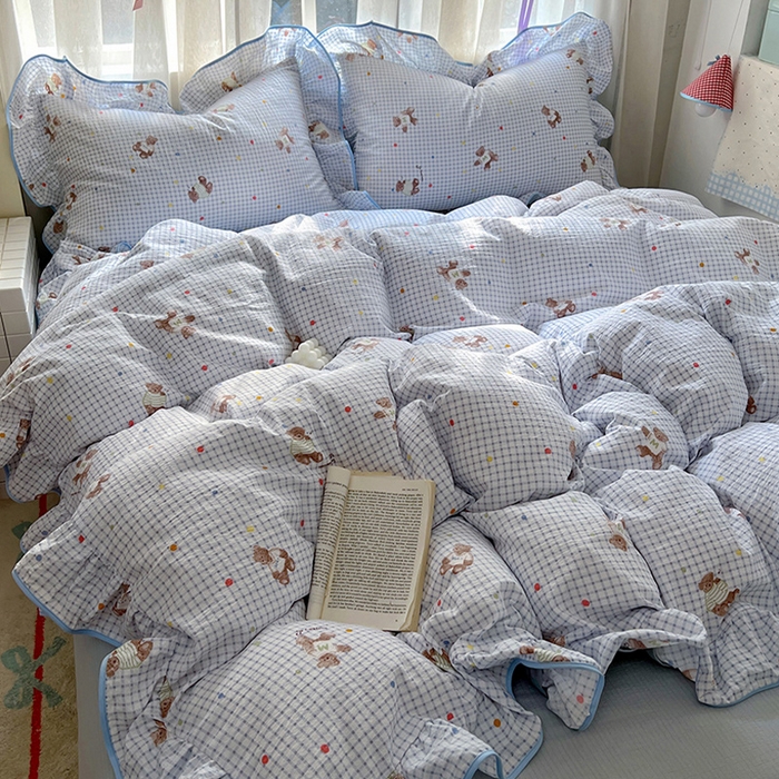 春光里 2025新款亲肤舒适木棉皱皱纱花边四件套 小熊m豆