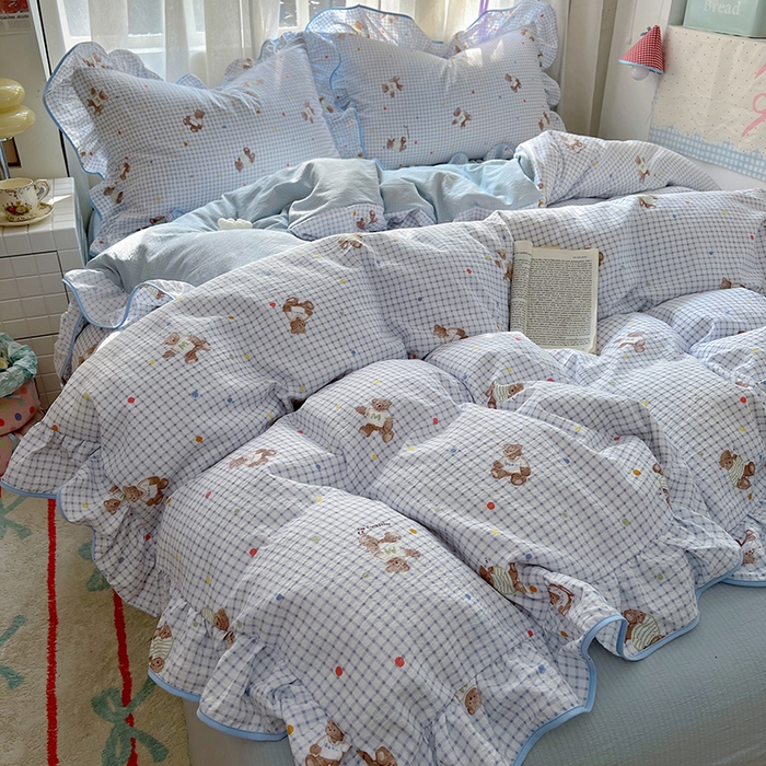 91家纺网 家纺一手货源 找家纺 春光里 2025新款亲肤舒适木棉皱皱纱花边四件套 小熊m豆