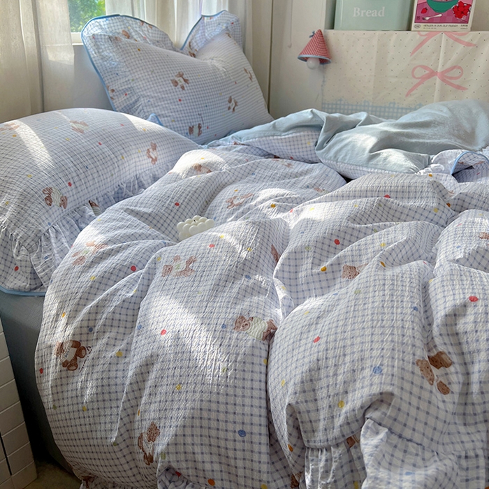 91家纺网 家纺一手货源 找家纺 春光里 2025新款亲肤舒适木棉皱皱纱花边四件套 小熊m豆