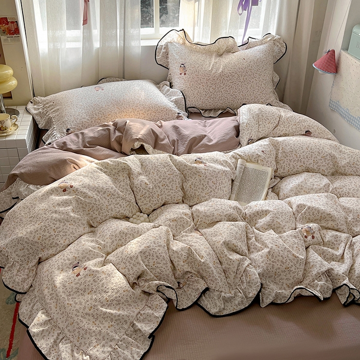 91家纺网 家纺一手货源 找家纺 春光里 2025新款亲肤舒适木棉皱皱纱花边四件套 桃乐丝