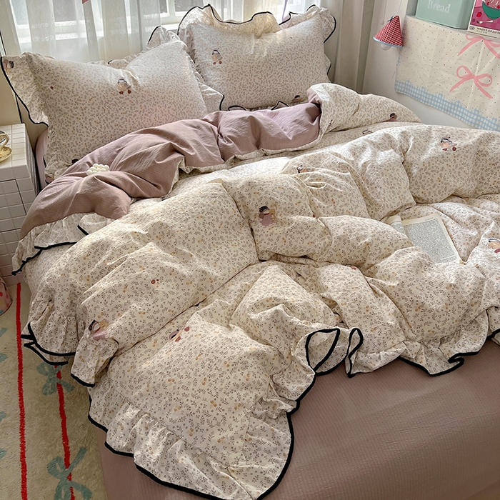 91家纺网 家纺一手货源 找家纺 春光里 2025新款亲肤舒适木棉皱皱纱花边四件套 桃乐丝