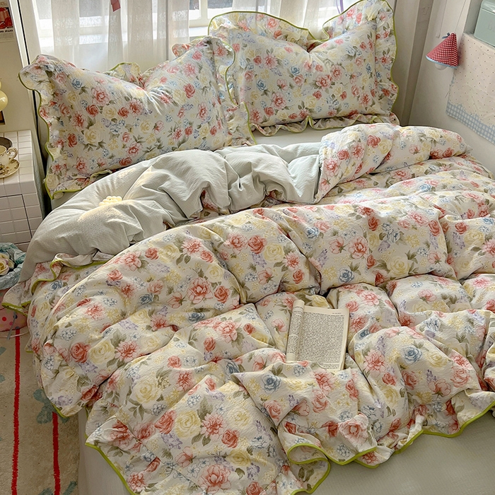 春光里 2025新款亲肤舒适木棉皱皱纱花边四件套 澜花