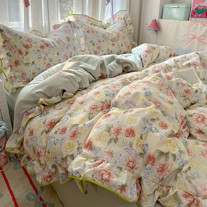 91家纺网 家纺一手货源 找家纺 春光里 2025新款亲肤舒适木棉皱皱纱花边四件套 澜花