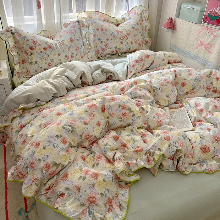 91家纺网 家纺一手货源 找家纺 春光里 2025新款亲肤舒适木棉皱皱纱花边四件套 澜花