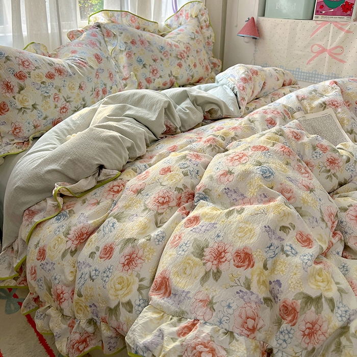 91家纺网 家纺一手货源 找家纺 春光里 2025新款亲肤舒适木棉皱皱纱花边四件套 澜花