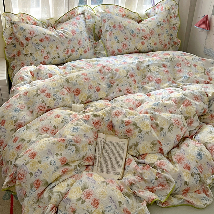 91家纺网 家纺一手货源 找家纺 春光里 2025新款亲肤舒适木棉皱皱纱花边四件套 澜花