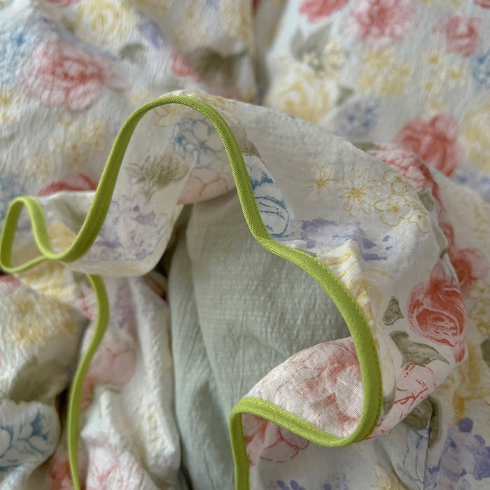 91家纺网 家纺一手货源 找家纺 春光里 2025新款亲肤舒适木棉皱皱纱花边四件套 澜花