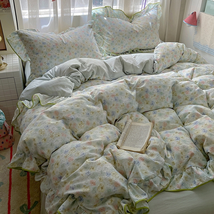 春光里 2025新款亲肤舒适木棉皱皱纱花边四件套 绿野