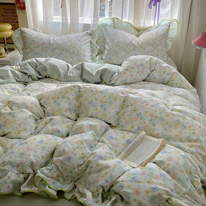 91家纺网 家纺一手货源 找家纺 春光里 2025新款亲肤舒适木棉皱皱纱花边四件套 绿野