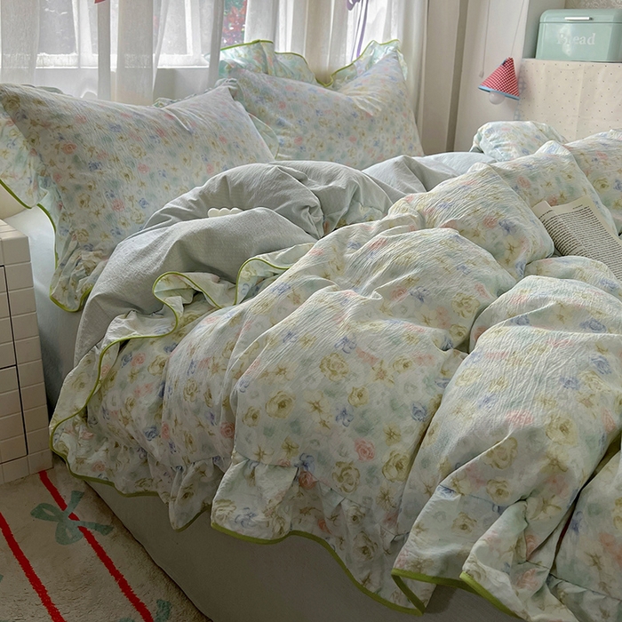 91家纺网 家纺一手货源 找家纺 春光里 2025新款亲肤舒适木棉皱皱纱花边四件套 绿野