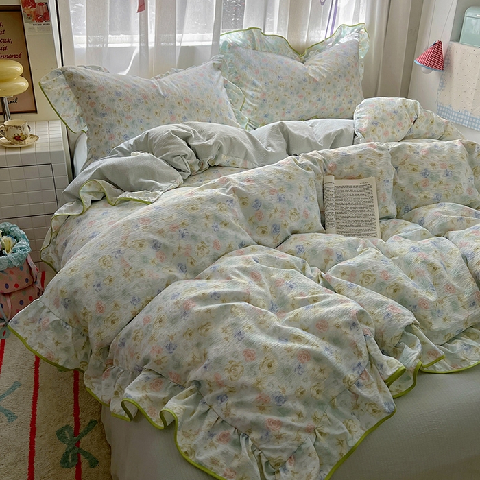 91家纺网 家纺一手货源 找家纺 春光里 2025新款亲肤舒适木棉皱皱纱花边四件套 绿野