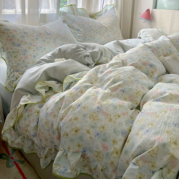 91家纺网 家纺一手货源 找家纺 春光里 2025新款亲肤舒适木棉皱皱纱花边四件套 绿野