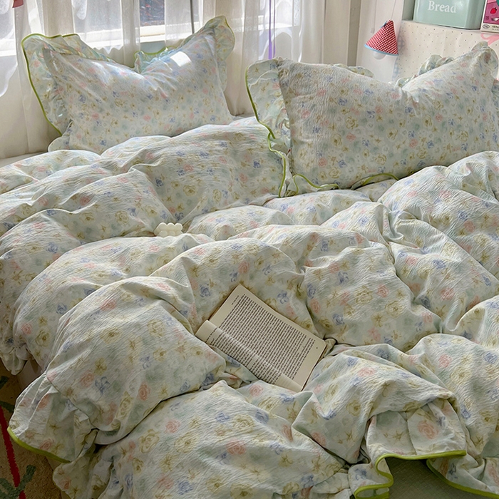 91家纺网 家纺一手货源 找家纺 春光里 2025新款亲肤舒适木棉皱皱纱花边四件套 绿野