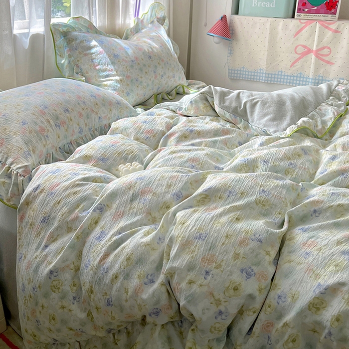 91家纺网 家纺一手货源 找家纺 春光里 2025新款亲肤舒适木棉皱皱纱花边四件套 绿野