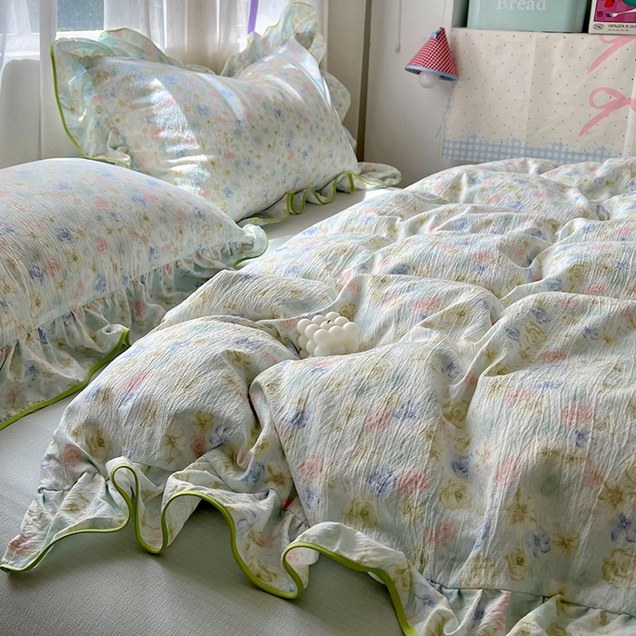 91家纺网 家纺一手货源 找家纺 春光里 2025新款亲肤舒适木棉皱皱纱花边四件套 绿野