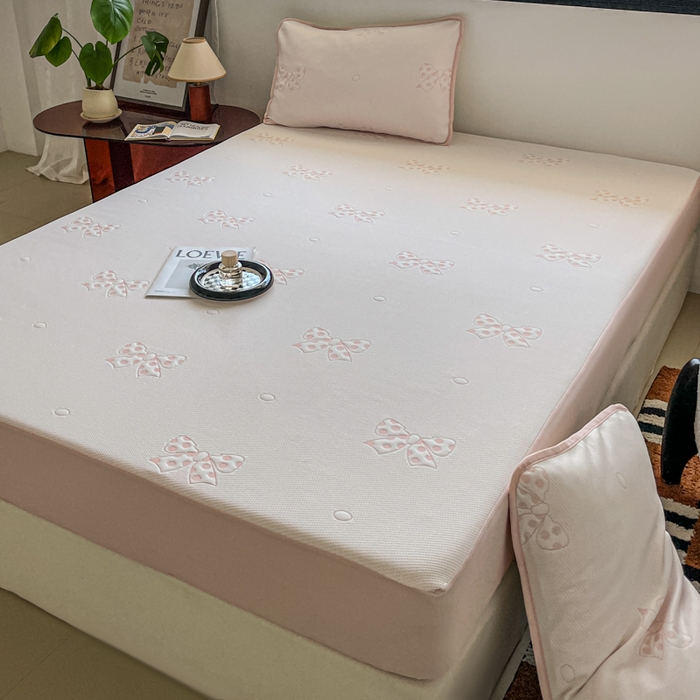 91家纺网 家纺一手货源 找家纺 花满路 2025新款提花凉豆豆床笠款床席三件套 蝴蝶结粉