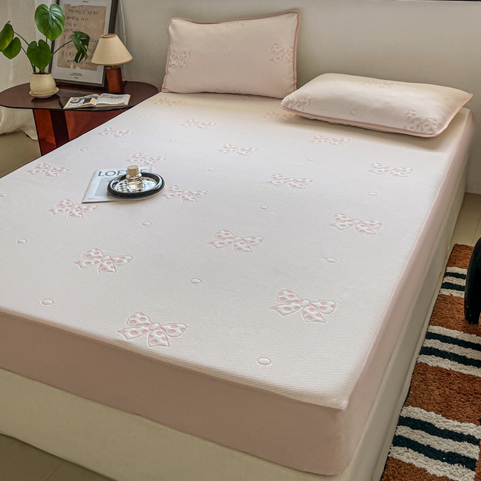 91家纺网 家纺一手货源 找家纺 花满路 2025新款提花凉豆豆床笠款床席三件套 蝴蝶结粉