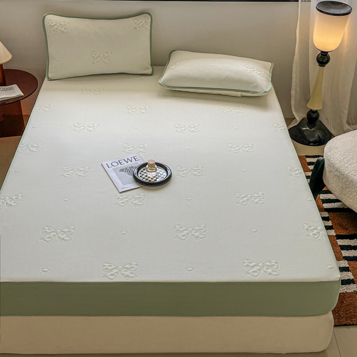 91家纺网 家纺一手货源 找家纺 花满路 2025新款提花凉豆豆床笠款床席三件套 蝴蝶结绿