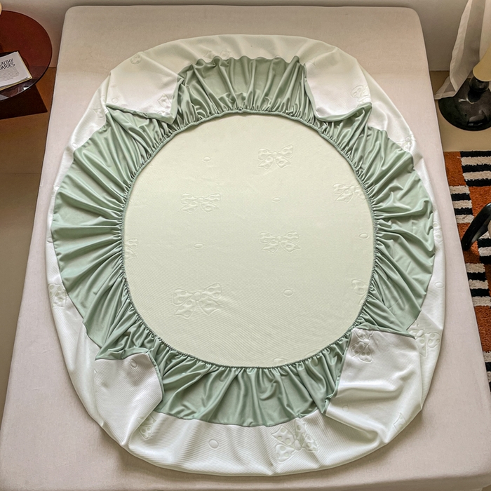 91家纺网 家纺一手货源 找家纺 花满路 2025新款提花凉豆豆床笠款床席三件套 蝴蝶结绿