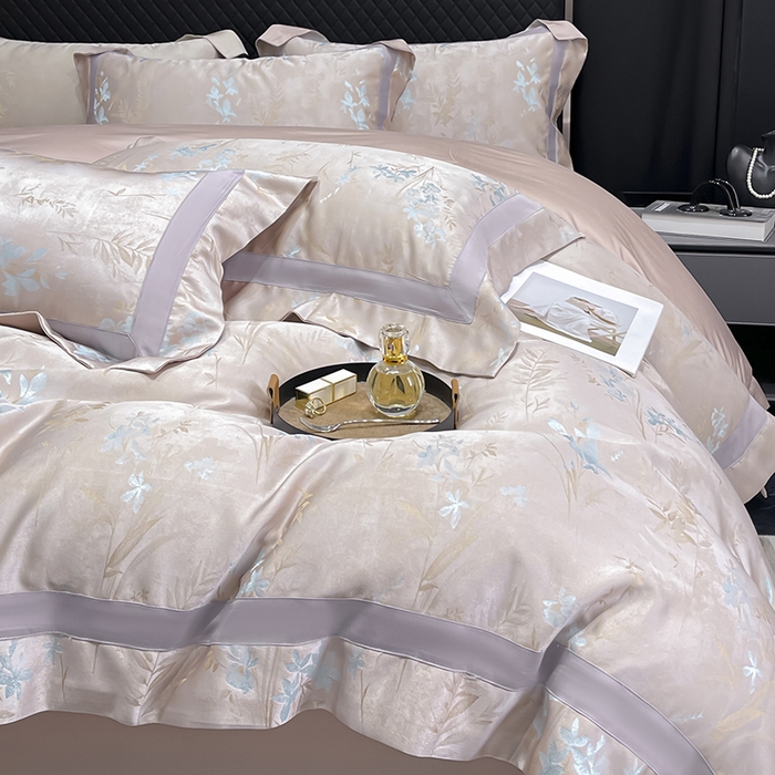 91家纺网 家纺一手货源 找家纺  2025夏季A类天丝棉贡缎提花四件套真丝全工艺丝滑裸睡长绒棉床单床笠轻奢风爆款床上用品 尤朵-芸粉