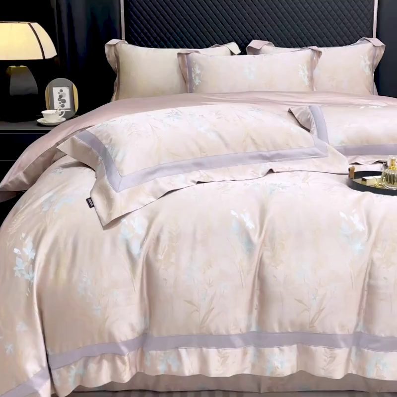 91家纺网 家纺一手货源 找家纺  2025夏季A类天丝棉贡缎提花四件套真丝全工艺丝滑裸睡长绒棉床单床笠轻奢风爆款床上用品 尤朵-芸粉