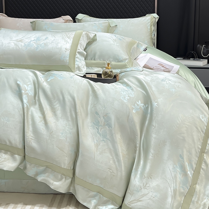 91家纺网 家纺一手货源 找家纺  2025夏季A类天丝棉贡缎提花四件套真丝全工艺丝滑裸睡长绒棉床单床笠轻奢风爆款床上用品 尤朵-绯绿