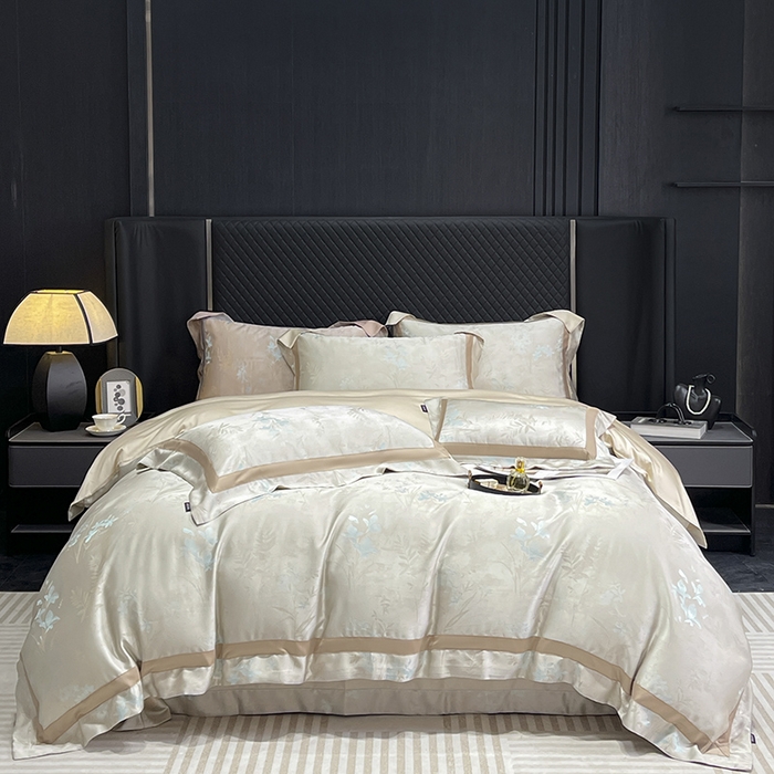 91家纺网 家纺一手货源 找家纺  2025夏季A类天丝棉贡缎提花四件套真丝全工艺丝滑裸睡长绒棉床单床笠轻奢风爆款床上用品 尤朵-湘金