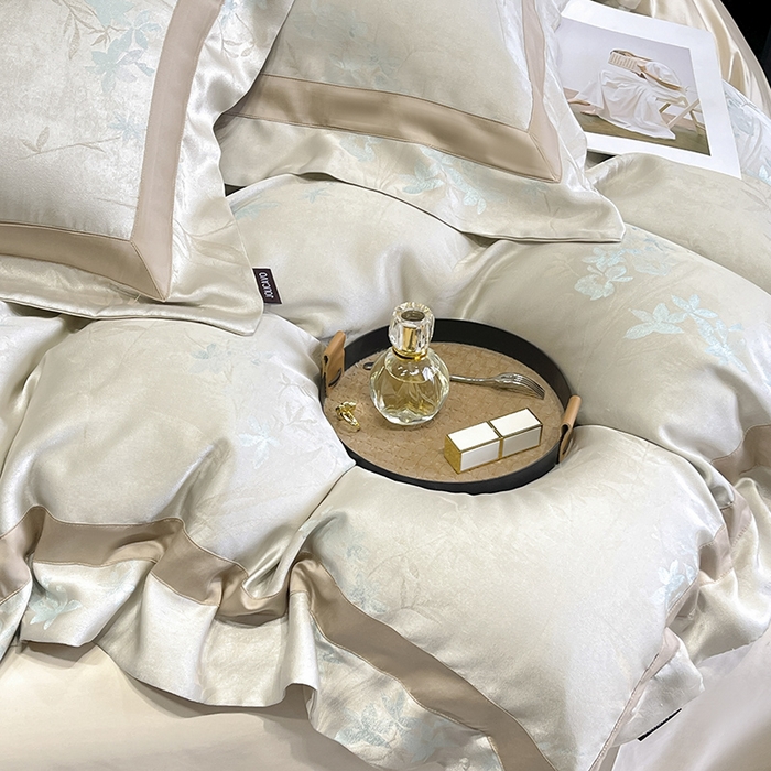 91家纺网 家纺一手货源 找家纺  2025夏季A类天丝棉贡缎提花四件套真丝全工艺丝滑裸睡长绒棉床单床笠轻奢风爆款床上用品 尤朵-湘金