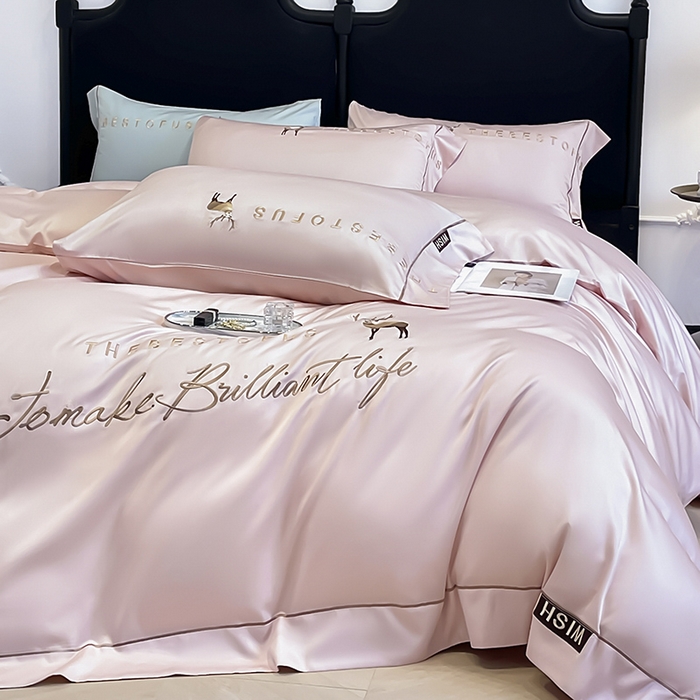 91家纺网 家纺一手货源 找家纺 （总） 2025新款夏季爆款A类兰精天丝四件套真丝重工刺绣丝滑裸睡床单床笠轻奢风纯色简约床上用品