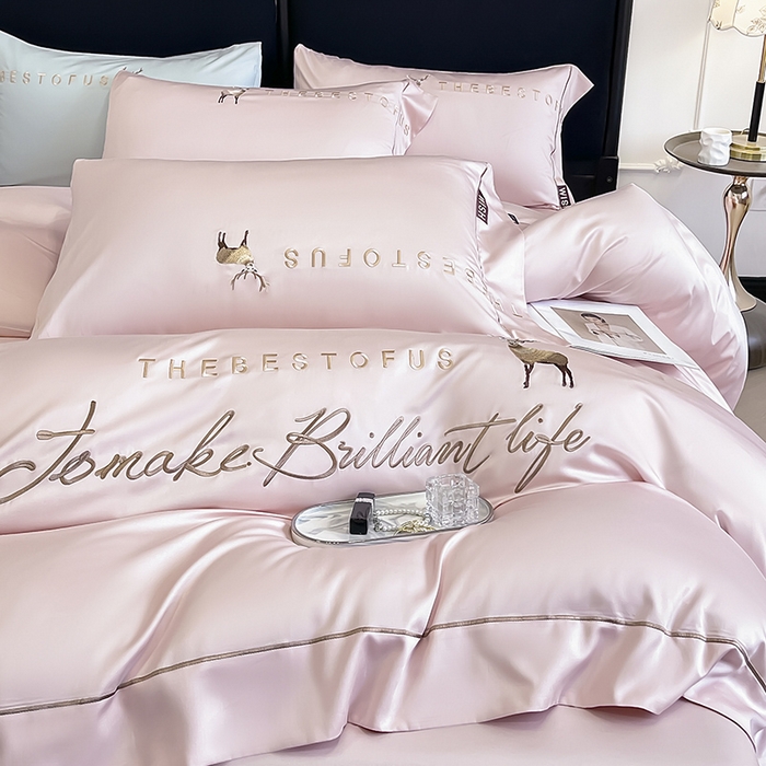 91家纺网 家纺一手货源 找家纺 （总） 2025新款夏季爆款A类兰精天丝四件套真丝重工刺绣丝滑裸睡床单床笠轻奢风纯色简约床上用品