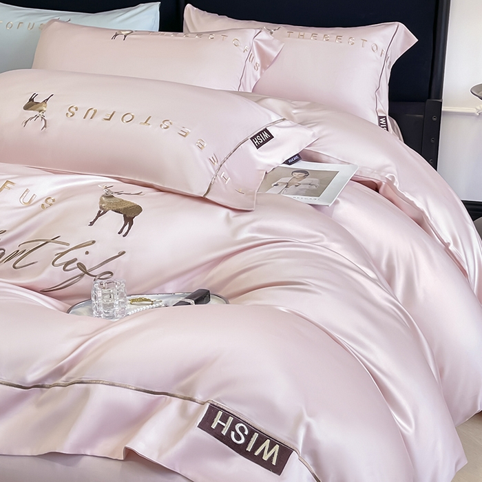 91家纺网 家纺一手货源 找家纺 （总） 2025新款夏季爆款A类兰精天丝四件套真丝重工刺绣丝滑裸睡床单床笠轻奢风纯色简约床上用品