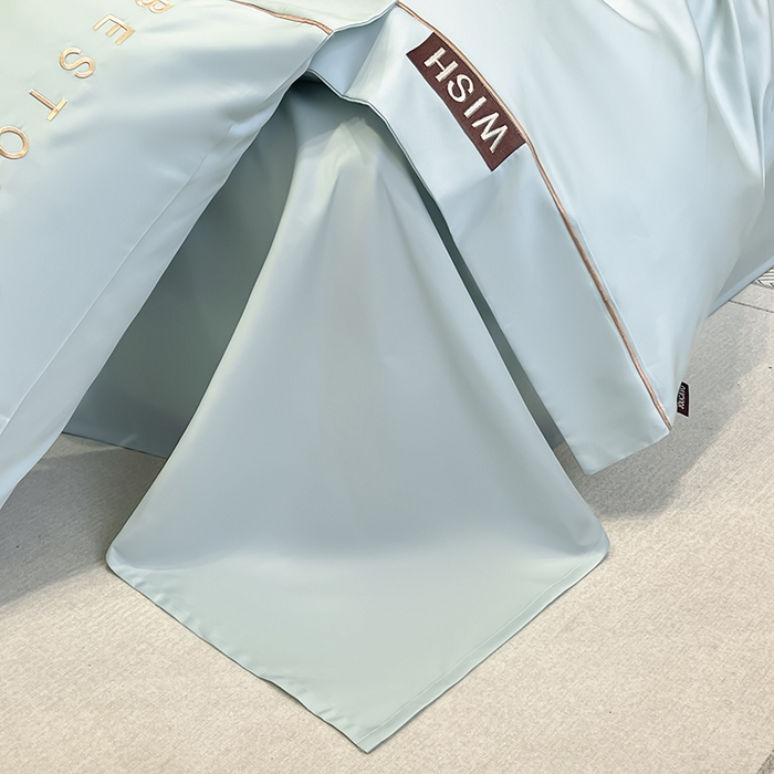 91家纺网 家纺一手货源 找家纺  2025新款夏季爆款A类兰精天丝四件套真丝重工刺绣丝滑裸睡床单床笠轻奢风纯色简约床上用品 妮鹿-薄荷绿