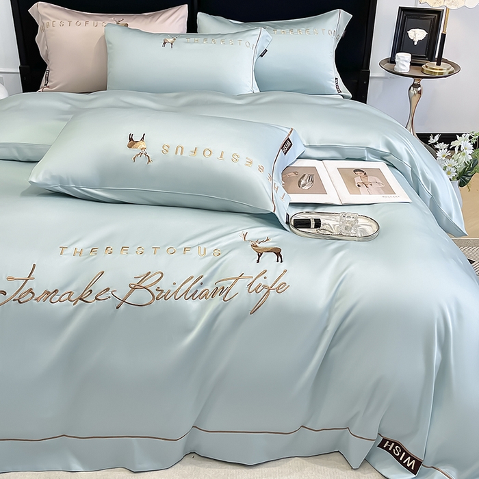 91家纺网 家纺一手货源 找家纺  2025新款夏季爆款A类兰精天丝四件套真丝重工刺绣丝滑裸睡床单床笠轻奢风纯色简约床上用品 妮鹿-薄荷绿