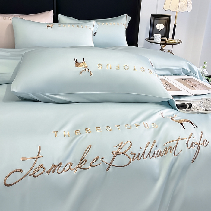 91家纺网 家纺一手货源 找家纺  2025新款夏季爆款A类兰精天丝四件套真丝重工刺绣丝滑裸睡床单床笠轻奢风纯色简约床上用品 妮鹿-薄荷绿