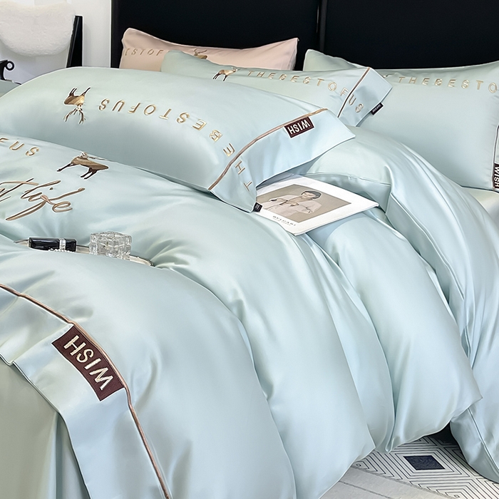  2025新款夏季爆款A类兰精天丝四件套真丝重工刺绣丝滑裸睡床单床笠轻奢风纯色简约床上用品 妮鹿-薄荷绿