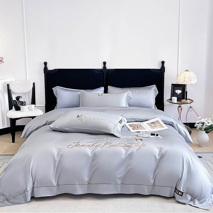 91家纺网 家纺一手货源 找家纺  2025新款夏季爆款A类兰精天丝四件套真丝重工刺绣丝滑裸睡床单床笠轻奢风纯色简约床上用品 妮鹿-朦胧灰