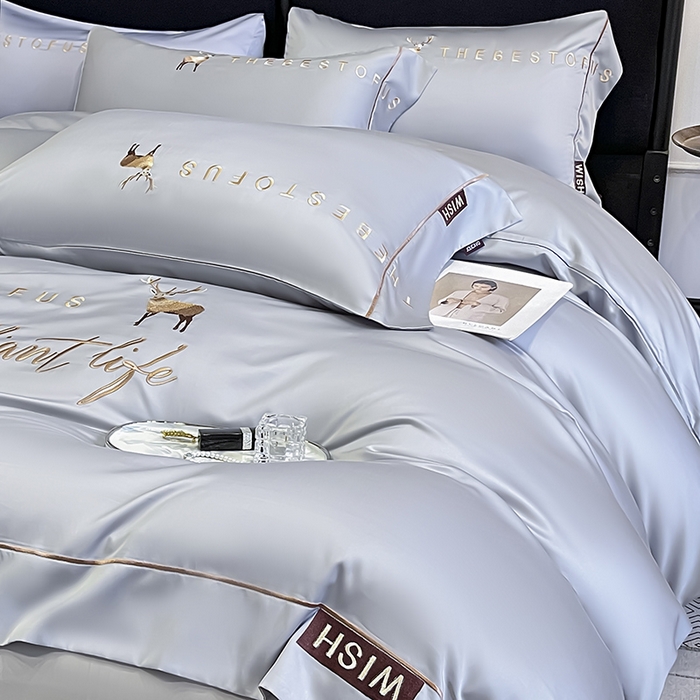 91家纺网 家纺一手货源 找家纺  2025新款夏季爆款A类兰精天丝四件套真丝重工刺绣丝滑裸睡床单床笠轻奢风纯色简约床上用品 妮鹿-朦胧灰