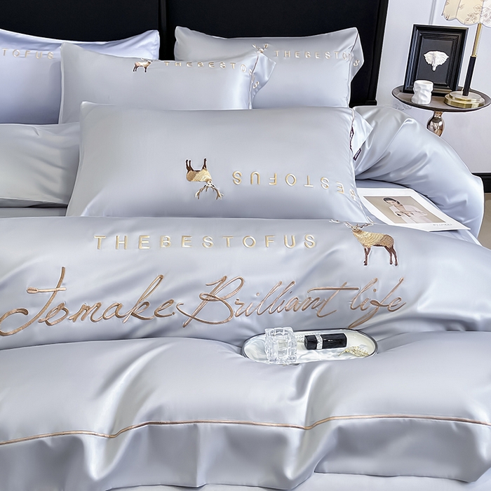 91家纺网 家纺一手货源 找家纺  2025新款夏季爆款A类兰精天丝四件套真丝重工刺绣丝滑裸睡床单床笠轻奢风纯色简约床上用品 妮鹿-朦胧灰