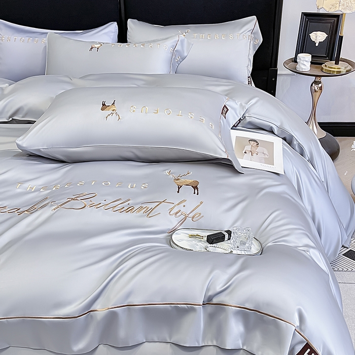 91家纺网 家纺一手货源 找家纺  2025新款夏季爆款A类兰精天丝四件套真丝重工刺绣丝滑裸睡床单床笠轻奢风纯色简约床上用品 妮鹿-朦胧灰