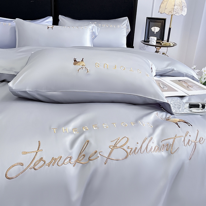 91家纺网 家纺一手货源 找家纺  2025新款夏季爆款A类兰精天丝四件套真丝重工刺绣丝滑裸睡床单床笠轻奢风纯色简约床上用品 妮鹿-朦胧灰