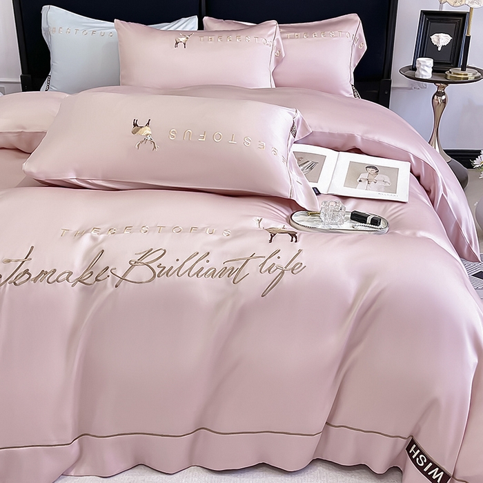 91家纺网 家纺一手货源 找家纺  2025新款夏季爆款A类兰精天丝四件套真丝重工刺绣丝滑裸睡床单床笠轻奢风纯色简约床上用品 妮鹿-太妃粉