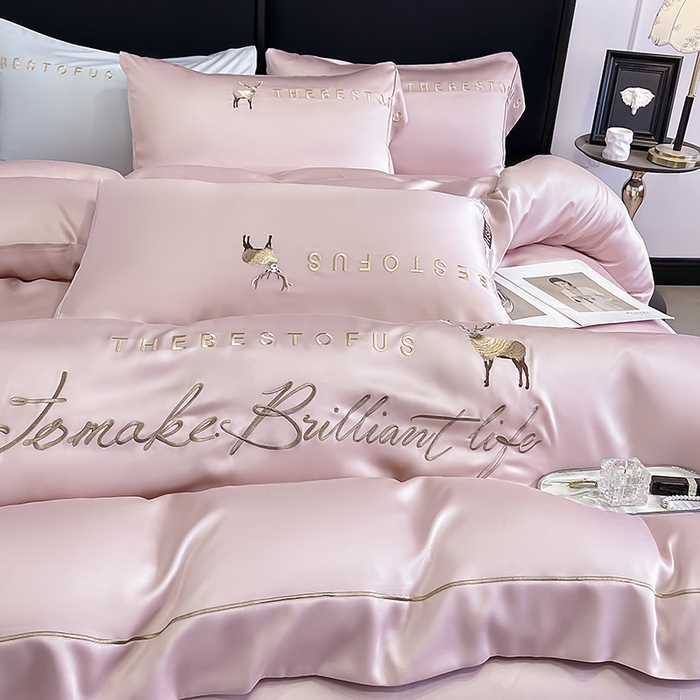 91家纺网 家纺一手货源 找家纺  2025新款夏季爆款A类兰精天丝四件套真丝重工刺绣丝滑裸睡床单床笠轻奢风纯色简约床上用品 妮鹿-太妃粉