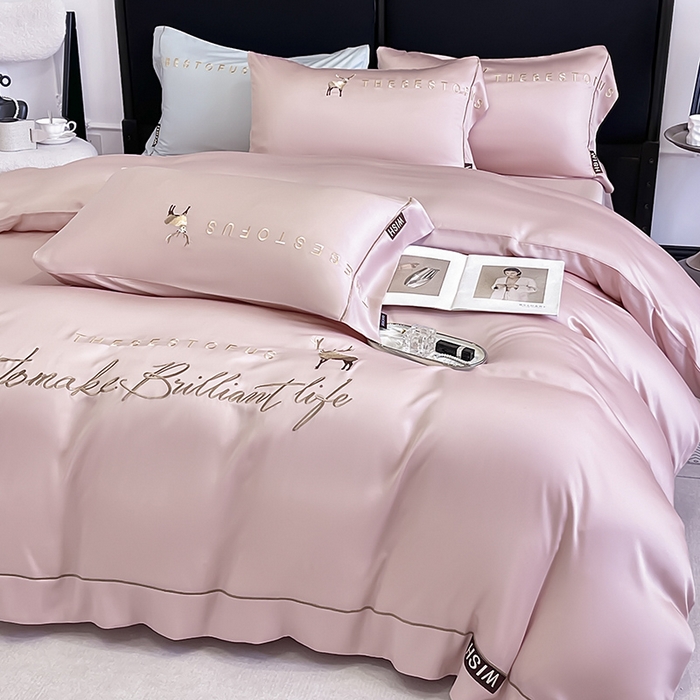 91家纺网 家纺一手货源 找家纺  2025新款夏季爆款A类兰精天丝四件套真丝重工刺绣丝滑裸睡床单床笠轻奢风纯色简约床上用品 妮鹿-太妃粉