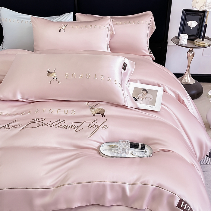 91家纺网 家纺一手货源 找家纺  2025新款夏季爆款A类兰精天丝四件套真丝重工刺绣丝滑裸睡床单床笠轻奢风纯色简约床上用品 妮鹿-太妃粉