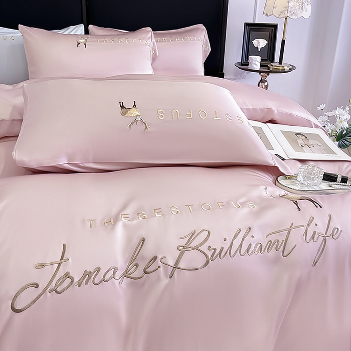 91家纺网 家纺一手货源 找家纺  2025新款夏季爆款A类兰精天丝四件套真丝重工刺绣丝滑裸睡床单床笠轻奢风纯色简约床上用品 妮鹿-太妃粉