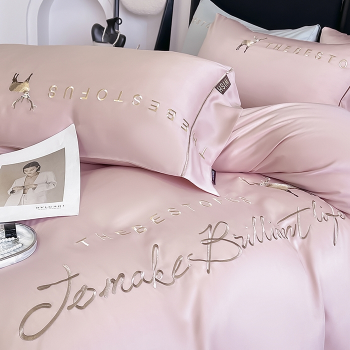 91家纺网 家纺一手货源 找家纺  2025新款夏季爆款A类兰精天丝四件套真丝重工刺绣丝滑裸睡床单床笠轻奢风纯色简约床上用品 妮鹿-太妃粉