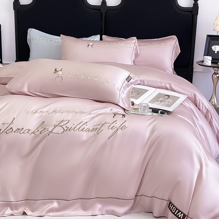 91家纺网 家纺一手货源 找家纺  2025新款夏季爆款A类兰精天丝四件套真丝重工刺绣丝滑裸睡床单床笠轻奢风纯色简约床上用品 妮鹿-太妃粉